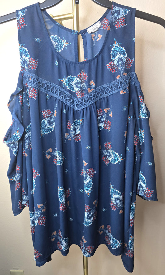 Pre-loved Navy Blue Cold Shoulder Top - Paisley & Floral Print