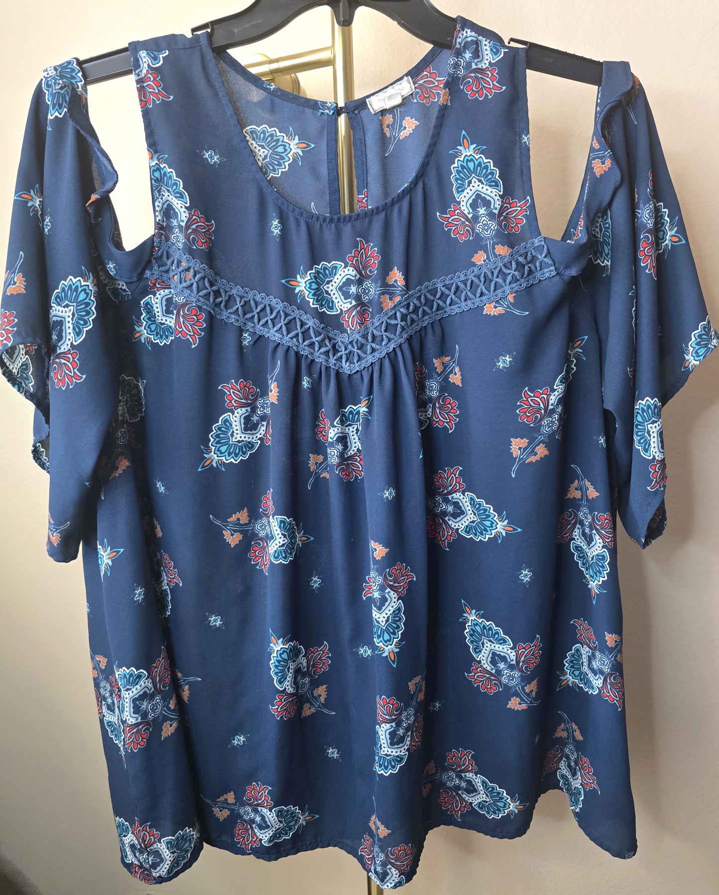 Pre-loved Navy Blue Cold Shoulder Top - Paisley & Floral Print