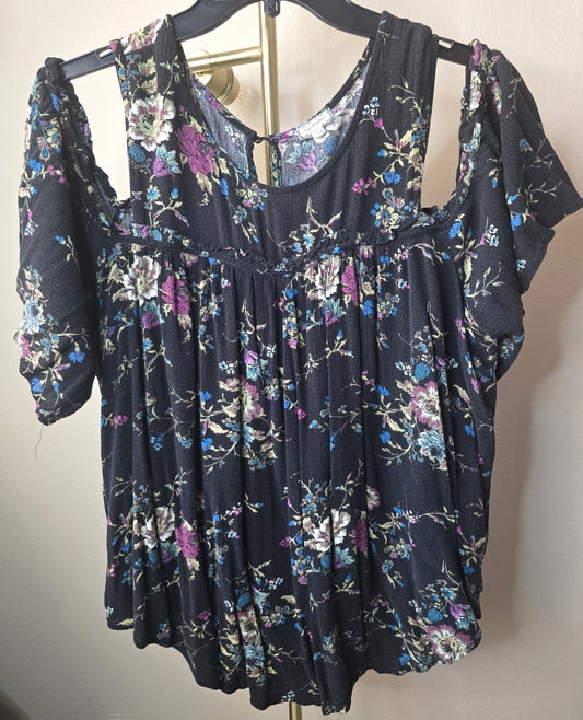 Pre-loved Black Cold Shoulder Blouse - Multi-Color Floral Print