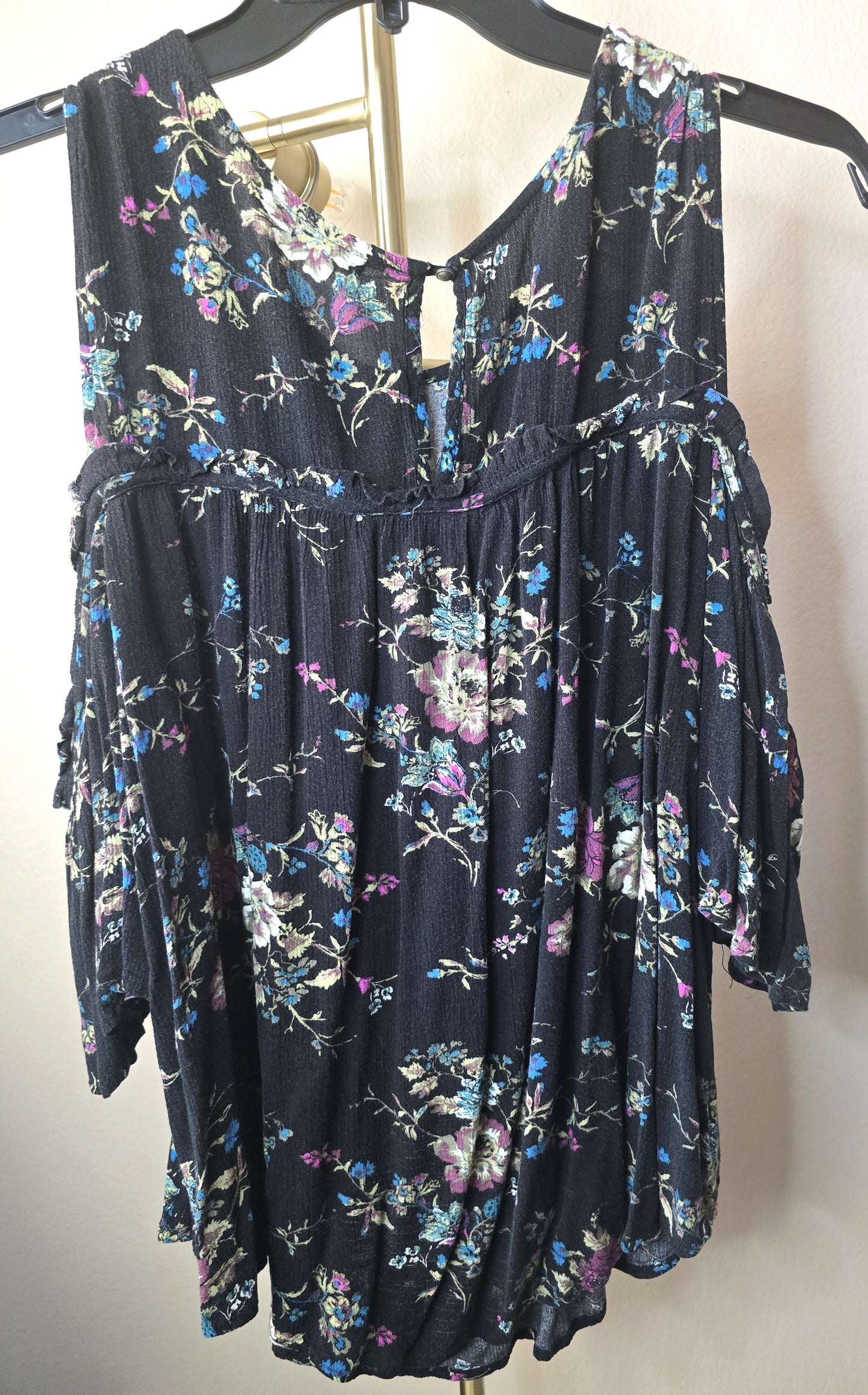 Pre-loved Black Cold Shoulder Blouse - Multi-Color Floral Print