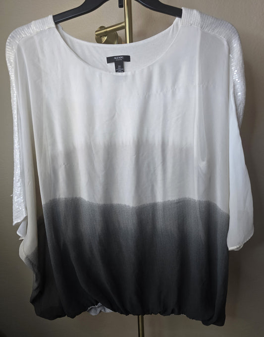 Pre-loved Alfani White to Black Ombre Blouse - Sequin Sleeves