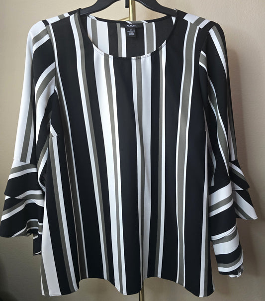 Pre-loved Alfani Striped Blouse - Black, White & Grey Ruffle Sleeves