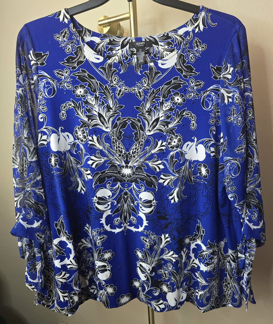 Pre-loved Alfani Royal Blue & White Ornate Blouse - Black Floral Print