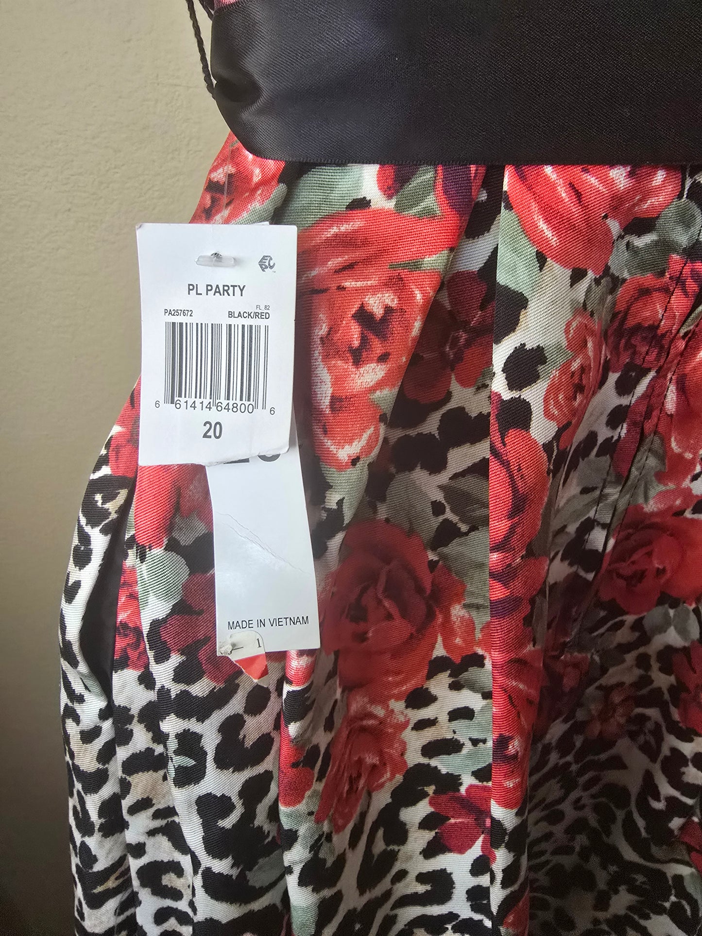 New TeezeMe Leopard Print & Red Rose Strapless Dress - Black Ribbon Belt
