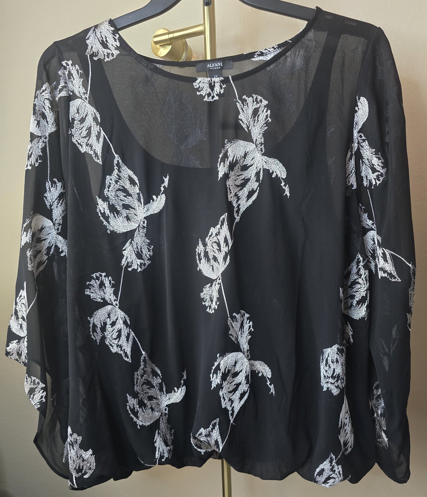 Pre-loved Alfani Black Sheer Blouse - White Feather Print