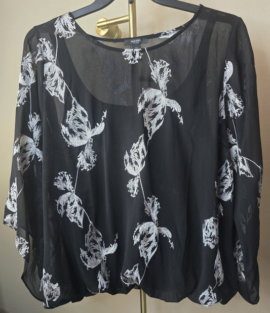 Pre-loved Alfani Black Sheer Blouse - White Feather Print