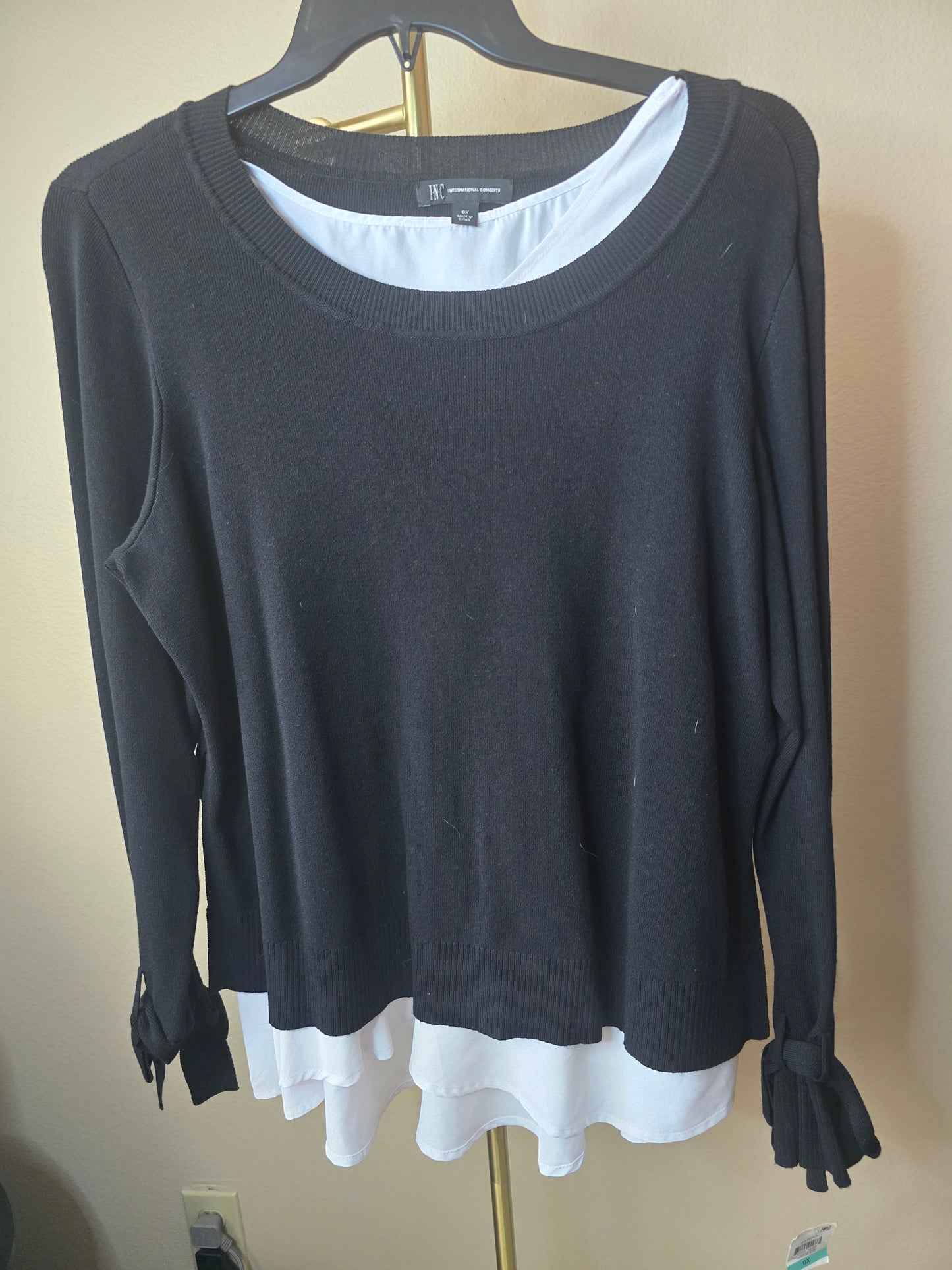 Pre-loved INC Black Layered Sweater - White Underlay & Bow Cuffs