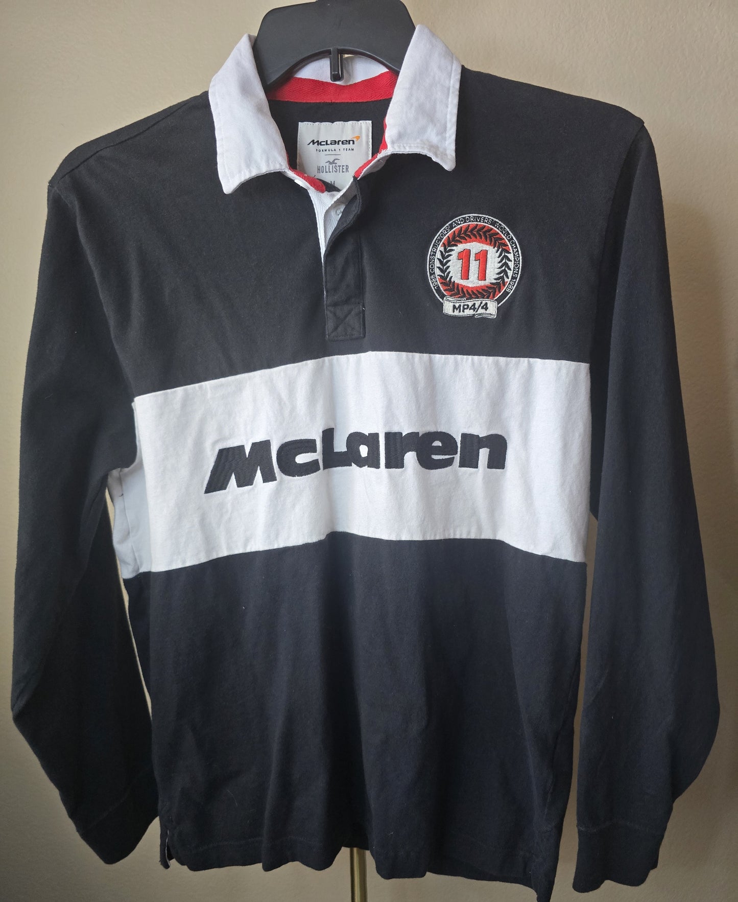 Pre-loved Hollister McLaren Rugby Polo Shirt - Black & White Stripe