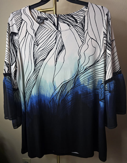 Pre-loved Alfani Blue & White Abstract Blouse - Bell Sleeves with Crochet Trim