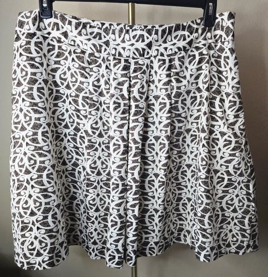 Pre-loved White & Brown Abstract Print Pleated Skirt