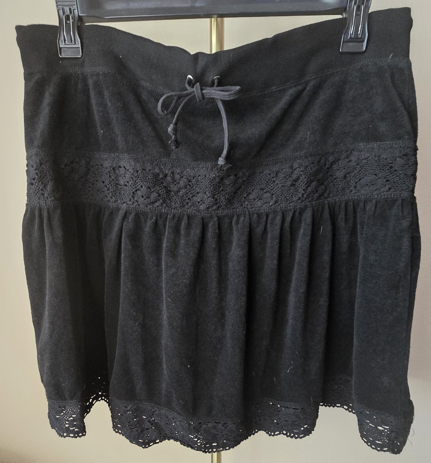 Pre-loved BCBGMAXAZRIA Black Crochet Trim Mini Skirt - Drawstring Waist