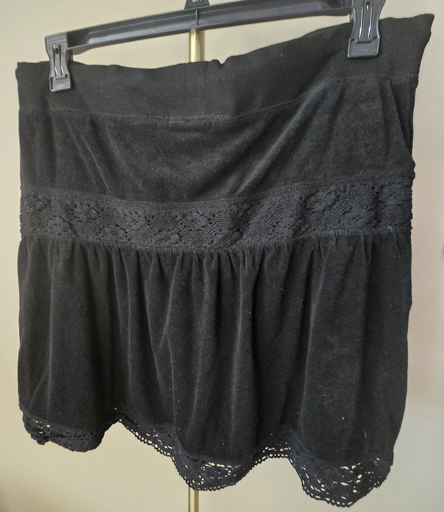 Pre-loved BCBGMAXAZRIA Black Crochet Trim Mini Skirt - Drawstring Waist