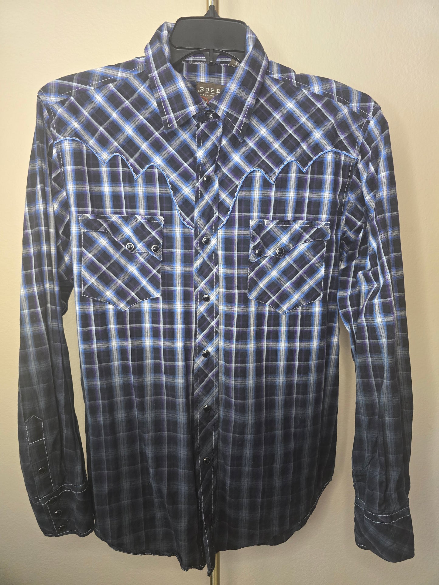 Pre-loved Roper Western Snap Shirt (Size L) -Purple, White & Blue Plaid Ombre