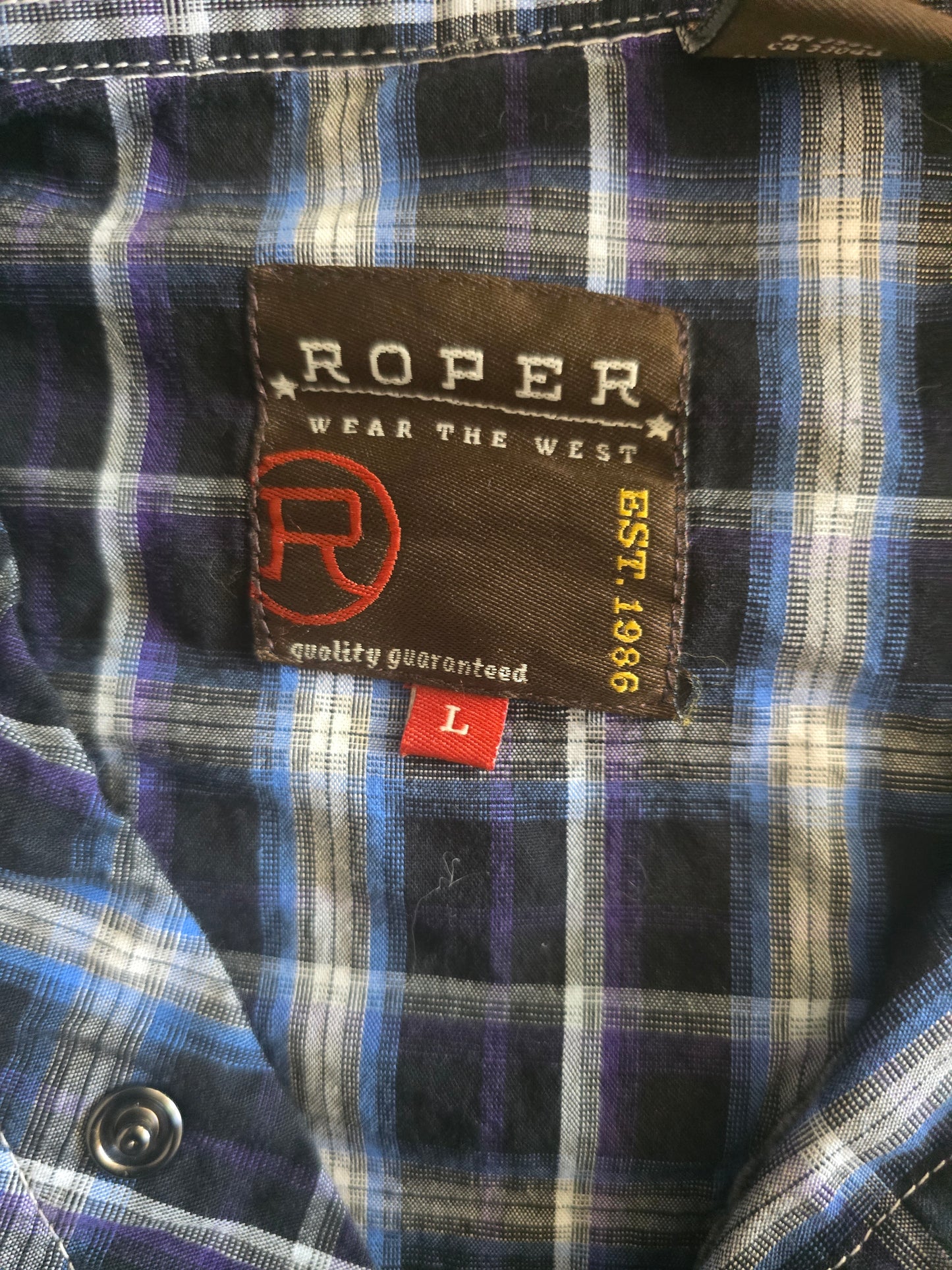 Pre-loved Roper Western Snap Shirt (Size L) -Purple, White & Blue Plaid Ombre