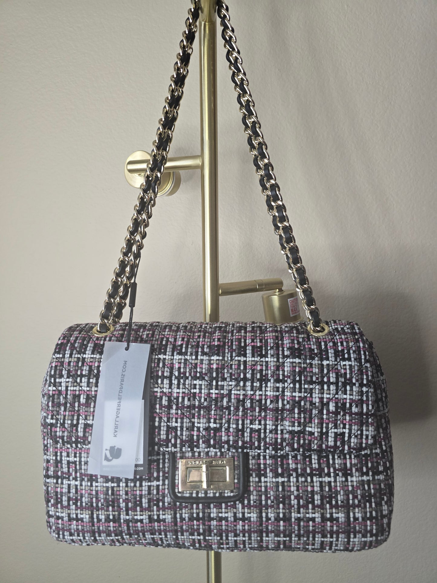 Karl Lagerfeld Paris Quilted Tweed Shoulder Bag - Chain Strap - Black Pink White