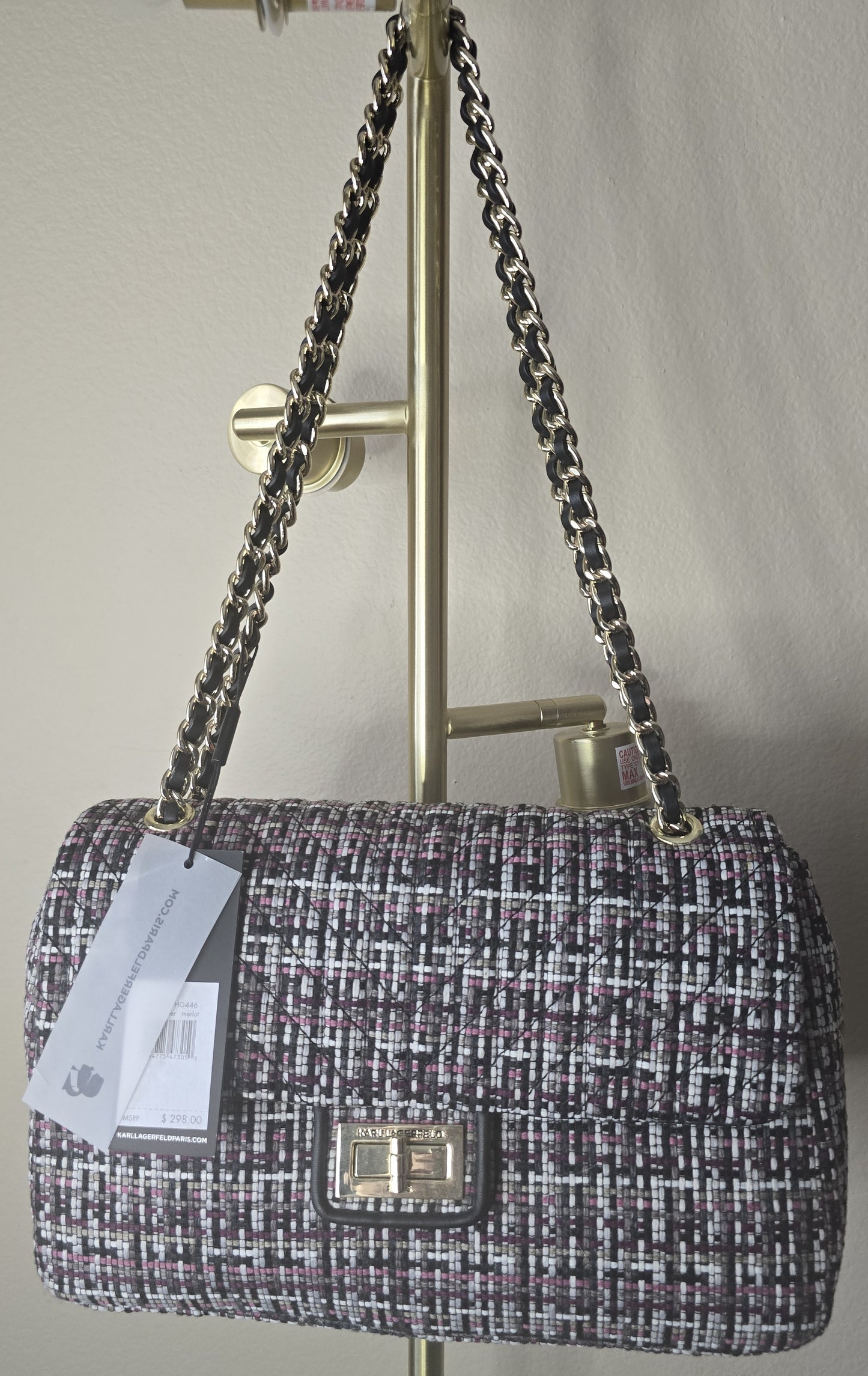 Karl Lagerfeld Paris Quilted Tweed Shoulder Bag - Chain Strap - Black Pink White