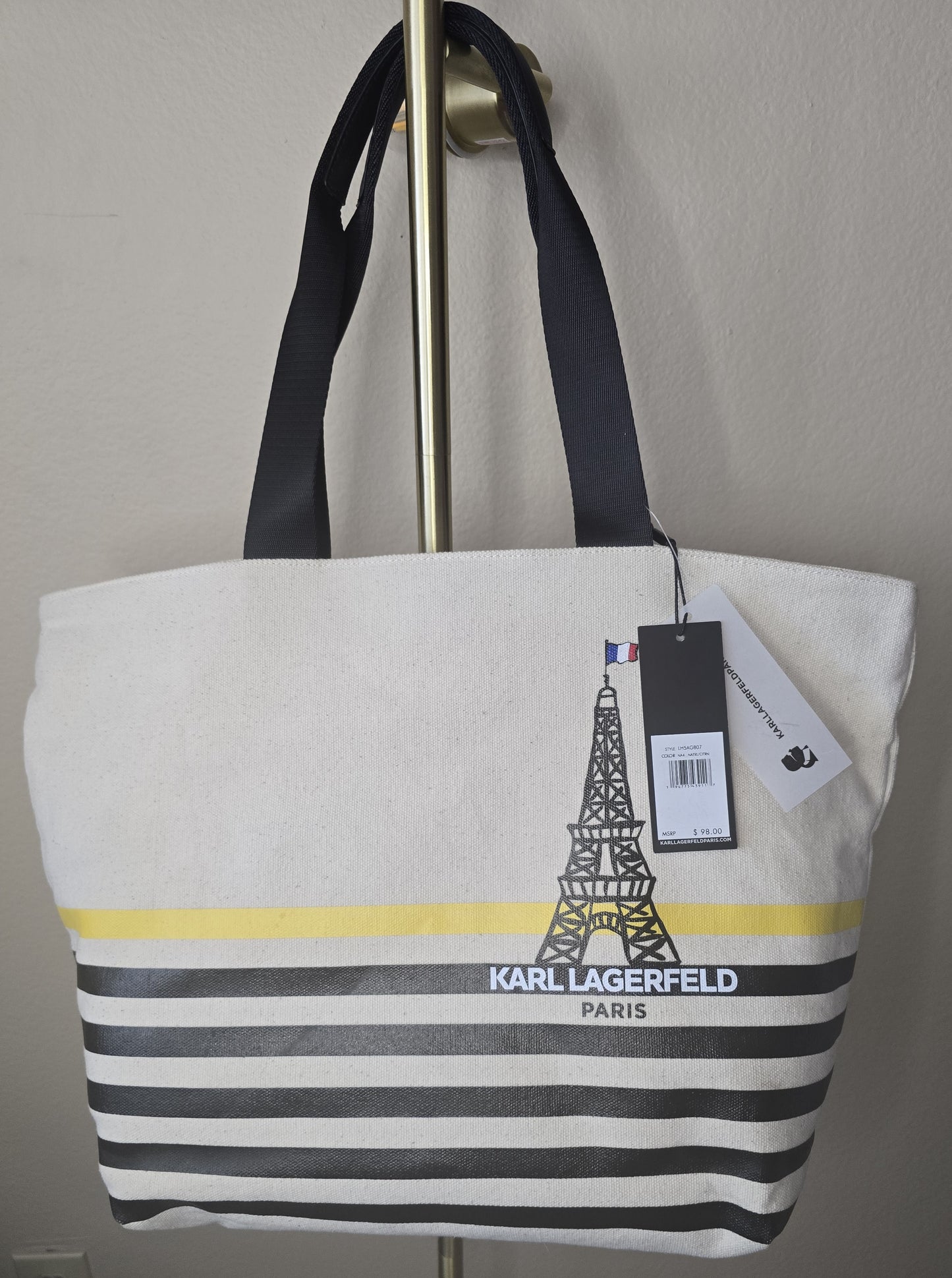 Karl Lagerfeld Paris Eiffel Tower Canvas Tote Bag - Black Stripe - New with Tags