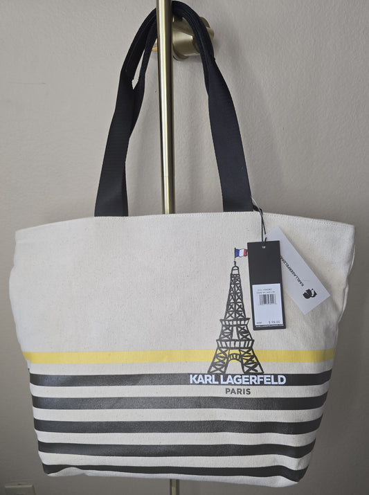 Karl Lagerfeld Paris Eiffel Tower Canvas Tote Bag - Black Stripe - New with Tags