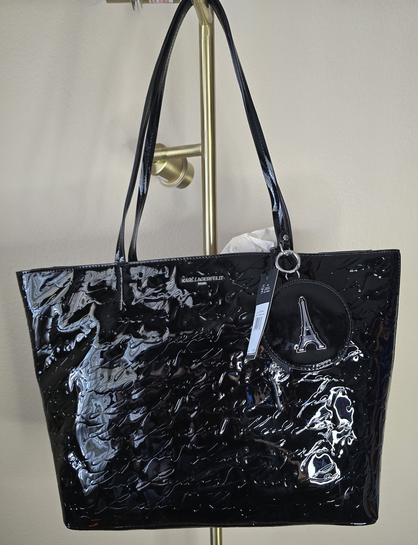 New Karl Lagerfeld Paris Black Patent Embossed Eiffel Tower Tote Bag Purse