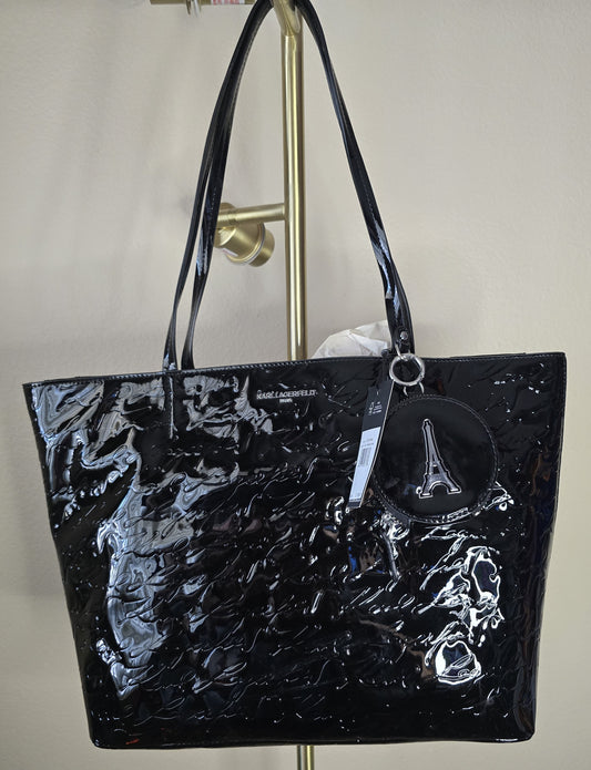 New Karl Lagerfeld Paris Black Patent Embossed Eiffel Tower Tote Bag Purse