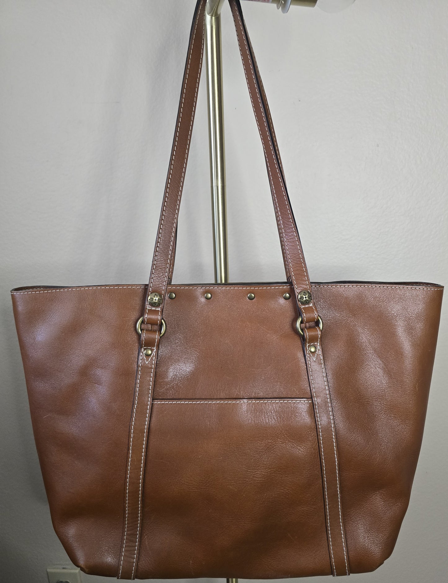 Patricia Nash Distressed Tan Leather Tote Bag Shoulder Purse Studded