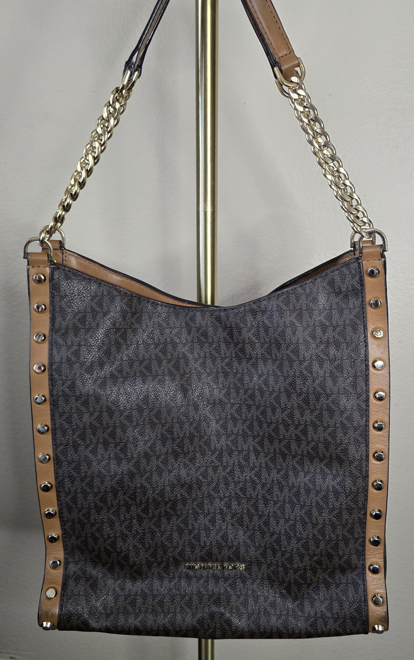 Michael Kors Signature MK Brown Monogram Studded Chain Hobo Shoulder Bag