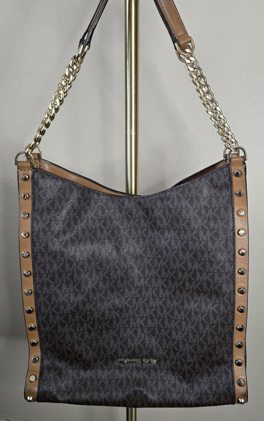 Michael Kors Signature MK Brown Monogram Studded Chain Hobo Shoulder Bag
