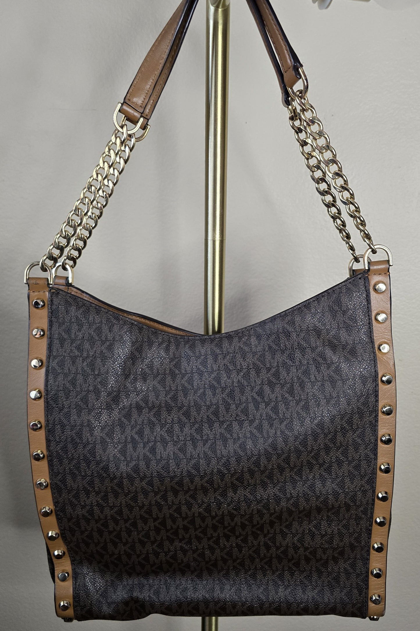 Michael Kors Signature MK Brown Monogram Studded Chain Hobo Shoulder Bag