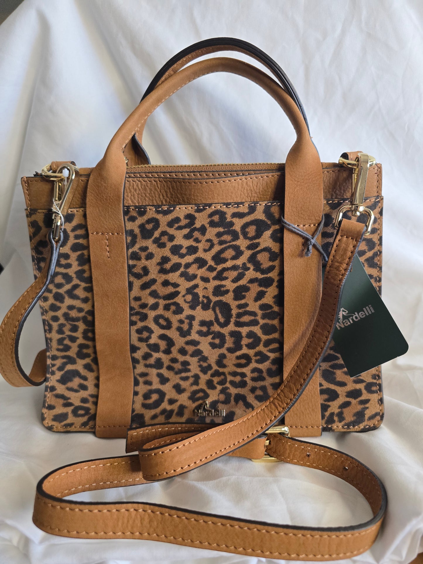 New Nardelli Made in Italy Leopard Print & Tan Leather Crossbody Satchel Bag