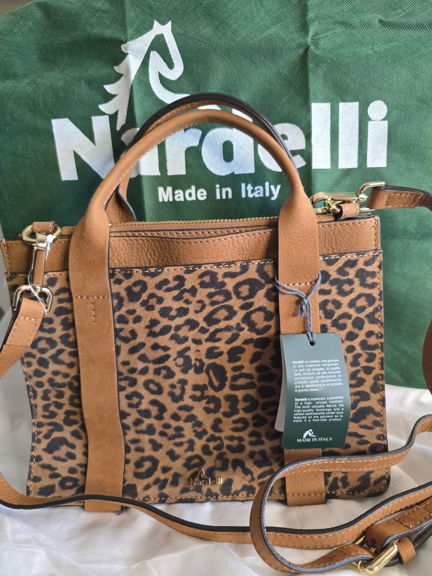 New Nardelli Made in Italy Leopard Print & Tan Leather Crossbody Satchel Bag