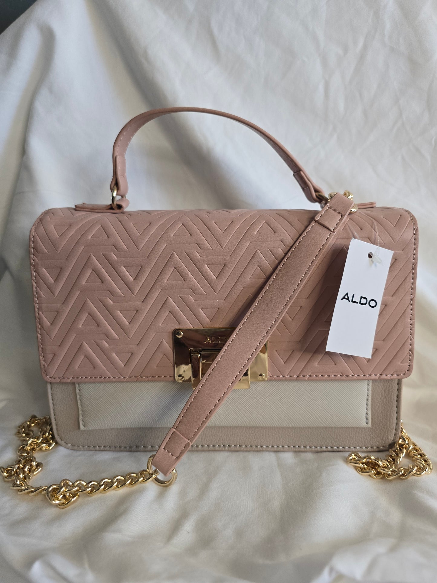 New ALDO Pink & Beige Quilted Crossbody Bag with Gold Chain Strap