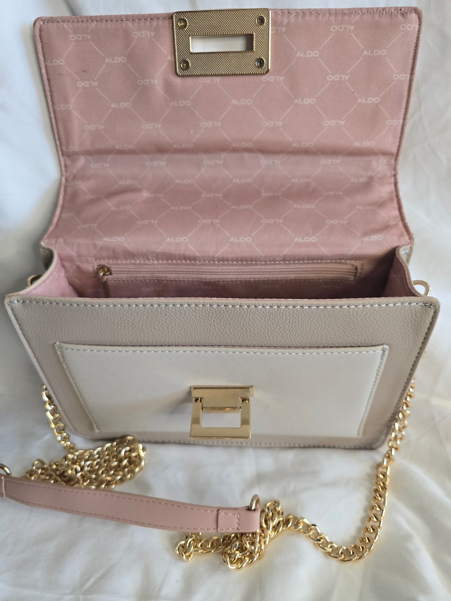 New ALDO Pink & Beige Quilted Crossbody Bag with Gold Chain Strap