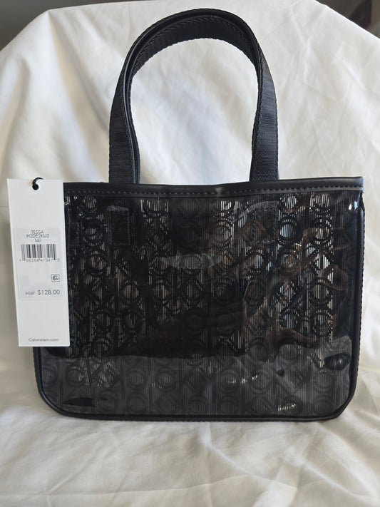 Calvin Klein "Tessa" Black Monogram Crossbody / Mini Tote Bag - Patent Finish