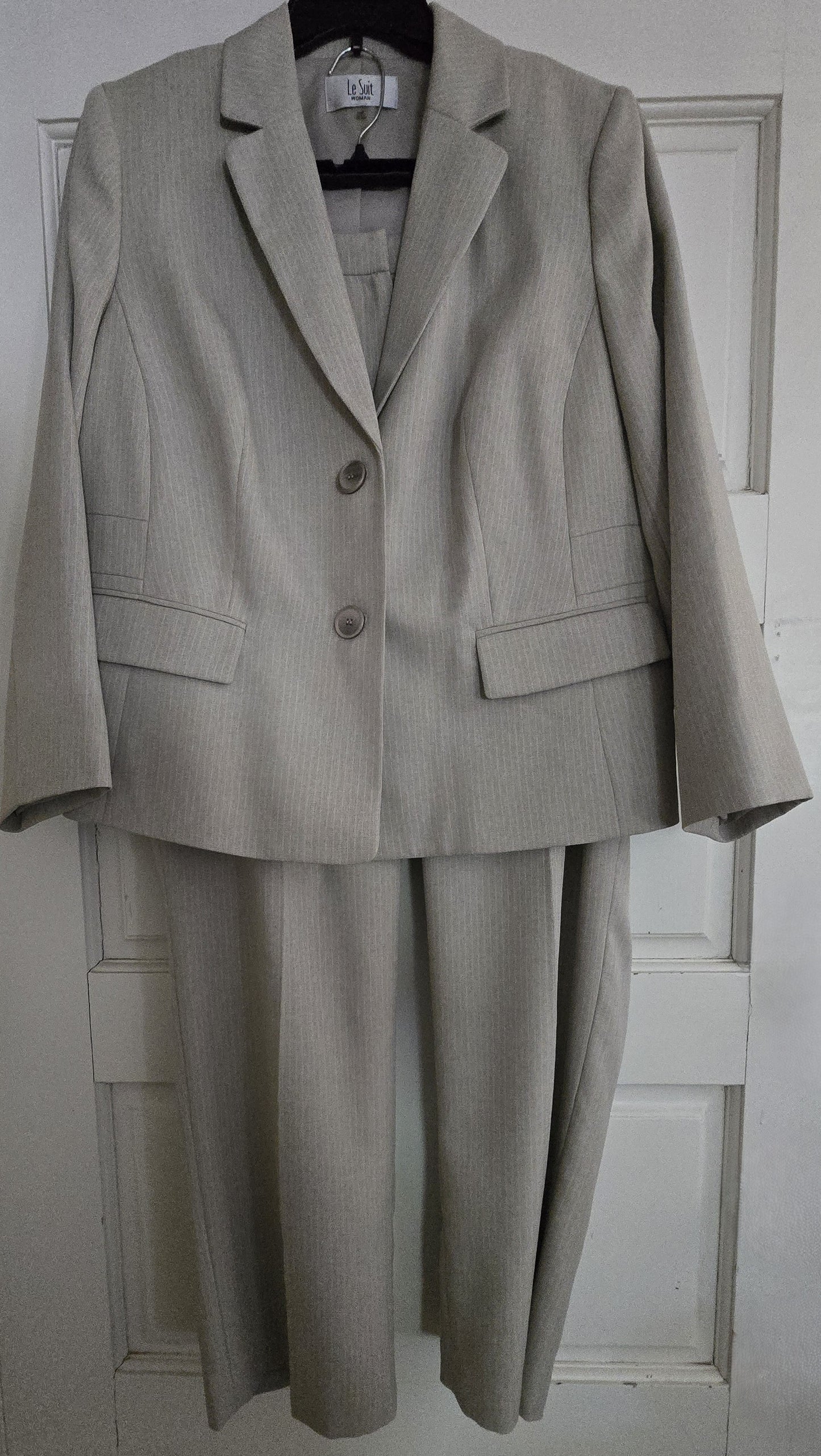 Professional Polish: Pre-Loved Le Suit Beige & White Striped Pant Suit (Women's 16W)