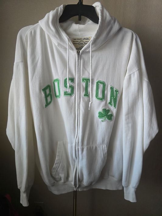 Pre-loved Boston Celtics Full-Zip Hoodie - White with Green Lettering & Shamrock 2XL