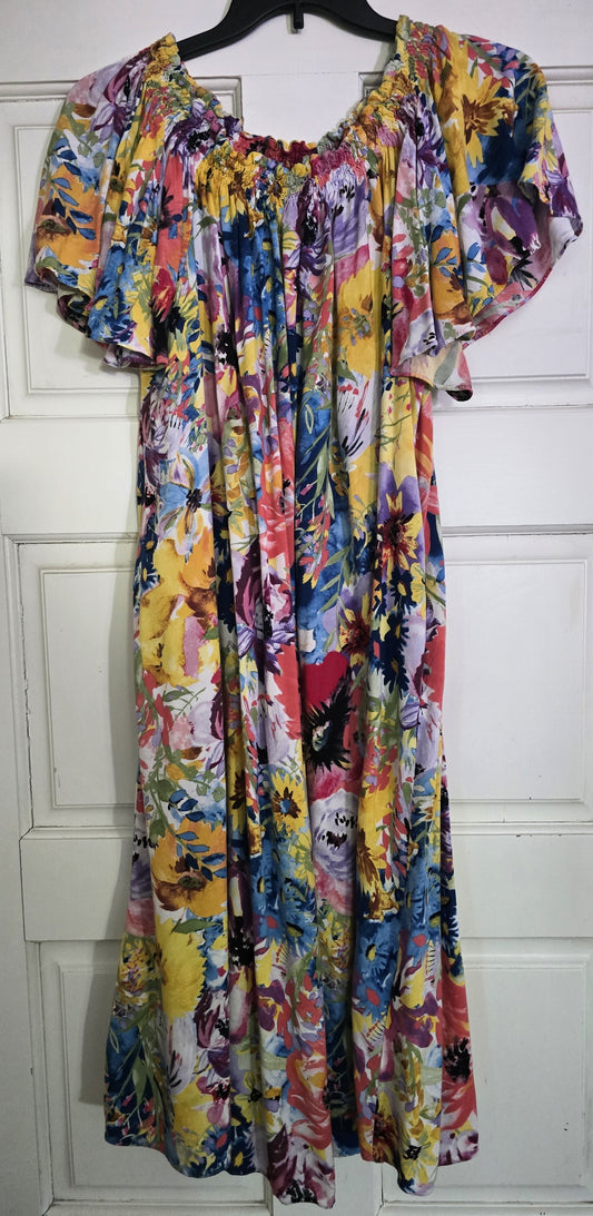 Pre-loved Multi-Color Floral Off-Shoulder Maxi Dress with Pockets